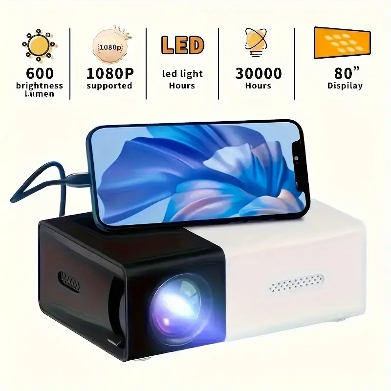 Bright 3000+ Lumen HD Mini Projector- Portable 3D-Ready, Professional High-definition Mini Projector Suitable For Home CinemasAnd Outdoor Camping, Compatible HDTV, USB SD AndHolder, Christmas, Halloween, Thanksgiving Gifts