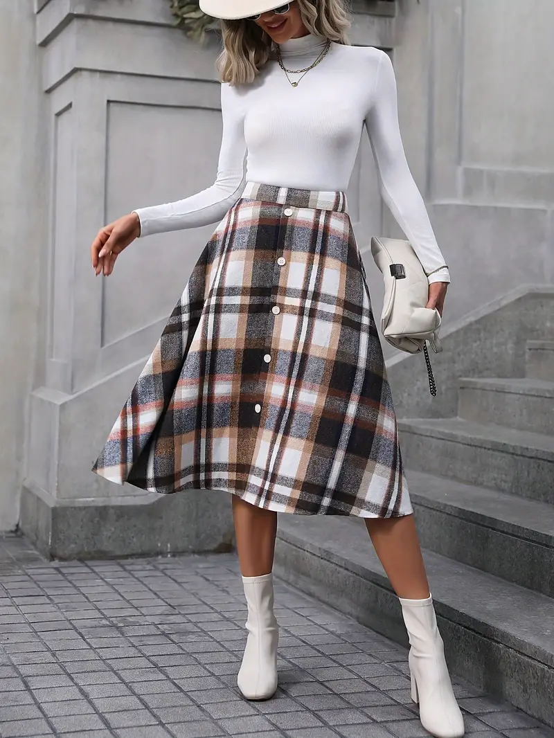 Plaid Print High Waist Skirt, Elegant Button Detail A-line Skirt For Fall & Winter, Women’s Clothing