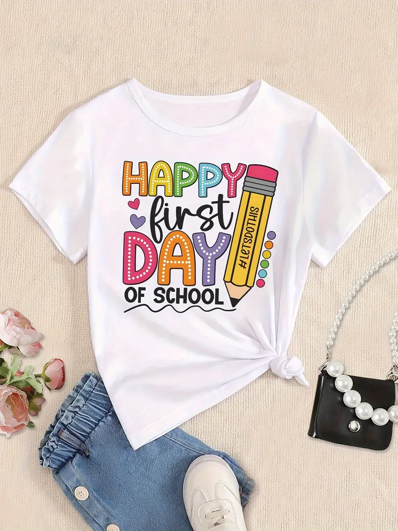 Happy First Day Of School Graphic Print Creative T-Shirts For Girl, Soft & Elastic Comfy Crew Neck Short Sleeve Tee, Kid’s Summer