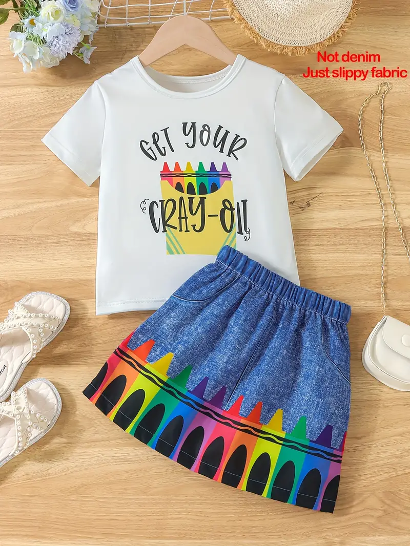 School Crayons Print Girl’s Outfit Short Sleeve Fun T-Shirt Top + Graphic Short Skirt Everyday Casual Set, Summer 2PCS