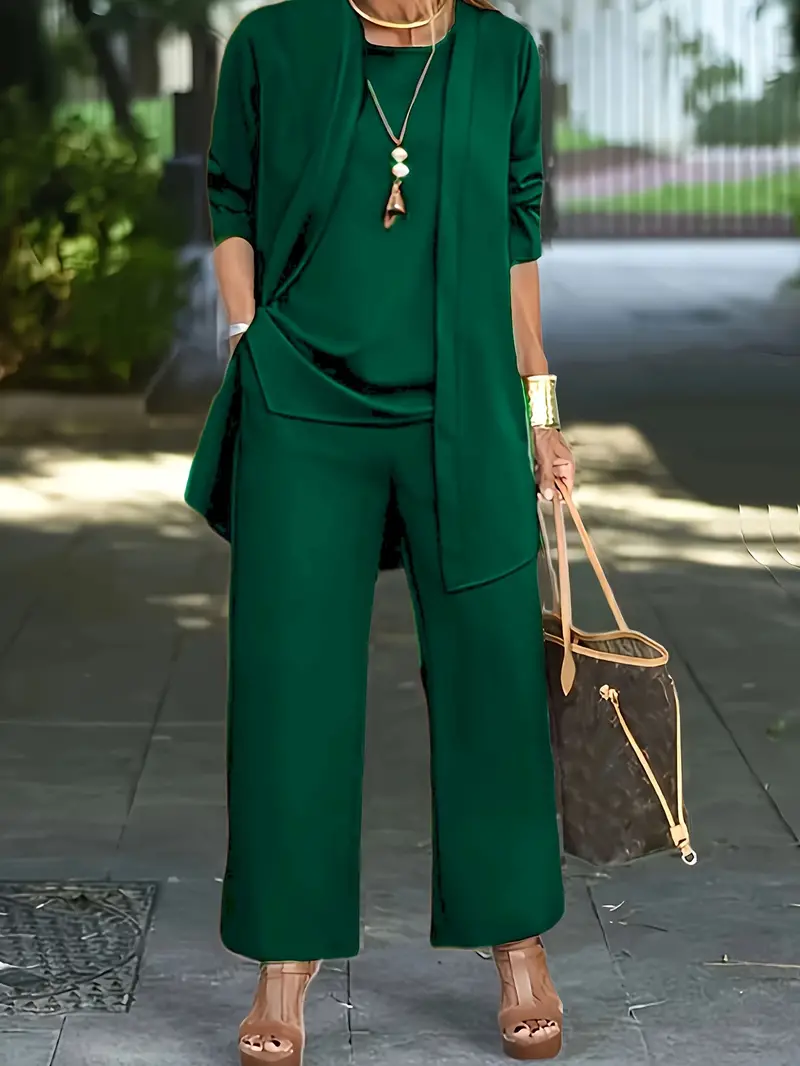 Casual Three-piece Solid Set, Long Sleeve Cardigan & Top & Long Pants Outfits, Women’s Clothing