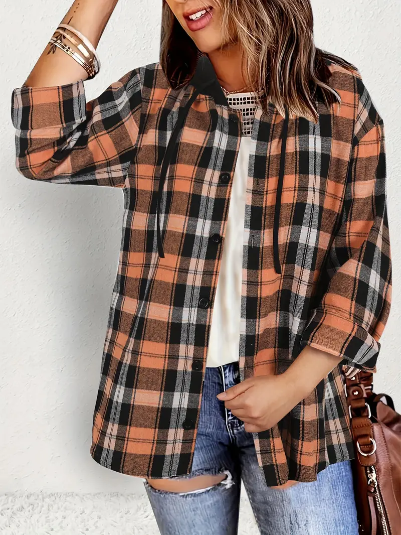 Plaid Print Hooded Blouse, Casual Long Sleeve Blouse For Spring & Fall, Women’s Clothing