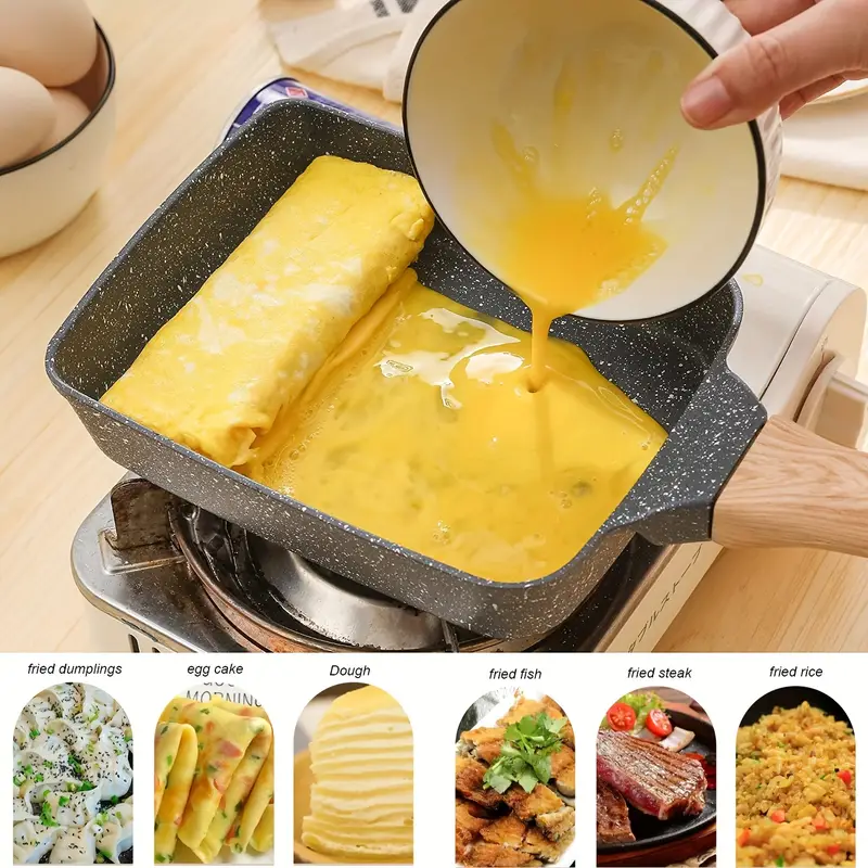 1pcs Black 5.9*7.28in Tamagoyaki Pan Square Japanese Omelette Pan,Non-stick Egg Roll Pan,Rectangle Frying Pan Wood Handle Kitchenware