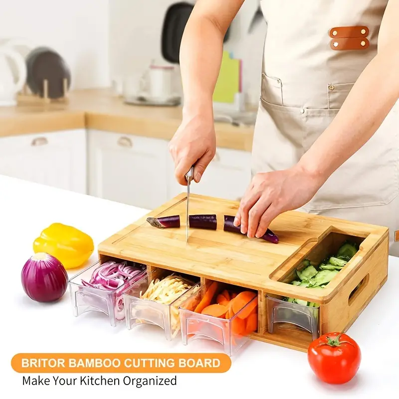 1pc, Bamboo Cutting Board With Drawer Tray, Bamboo Cutting Board With Sliding Out Tray, Chopping Board, Fruit Cutting Board, Kitchen Utensils, Apartment Essentials