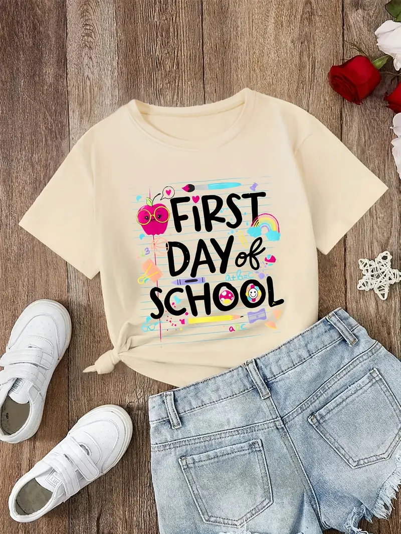 First Day Of School Print Girl’s Creative T-Shirt, Soft & Elastic Comfy Crew Neck Short Sleeve Tee, Girl’s Summer Top