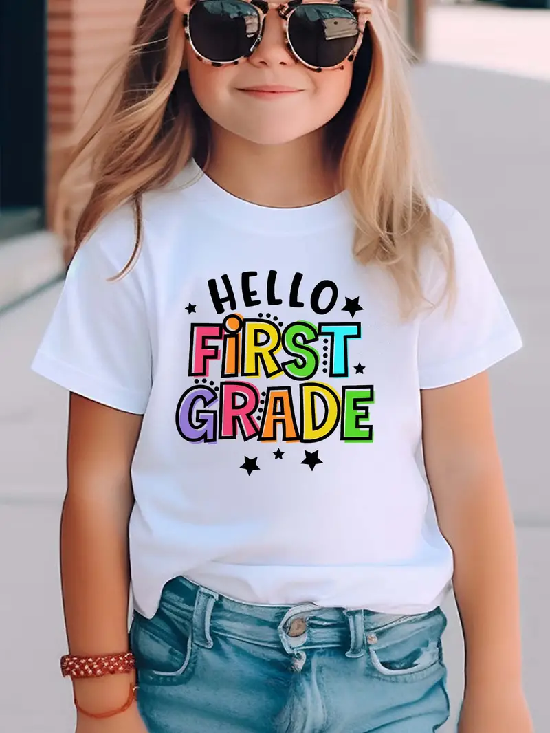 Girls’ Cute Round Neck ‘Hello First Grade’ Graphic Tee, Short Sleeve Casual Summer T-Shirt, Kids Clothing